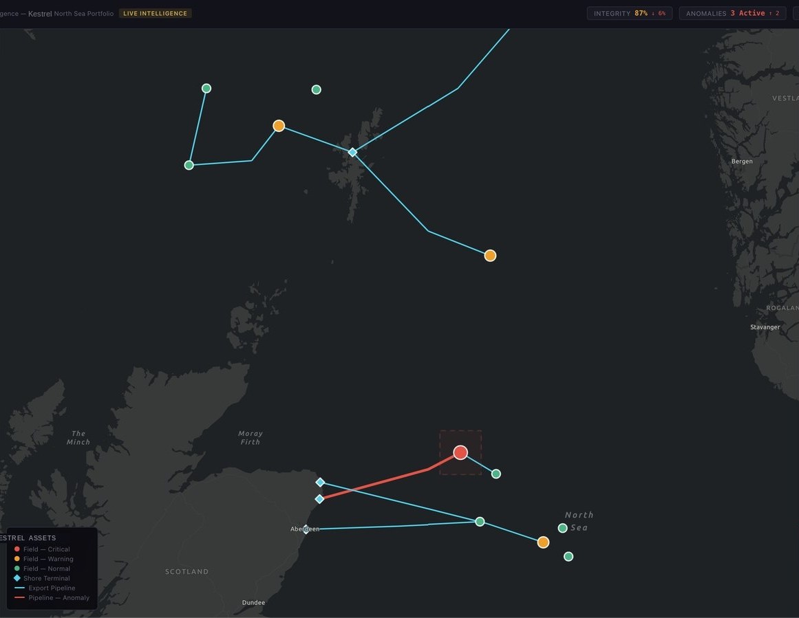 Esri map of offshore assets with the anomalous pipeline highlighted in red